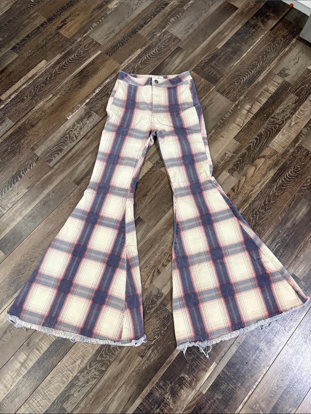We The Free Plaid Flare Pants in Cream, Navy & Red